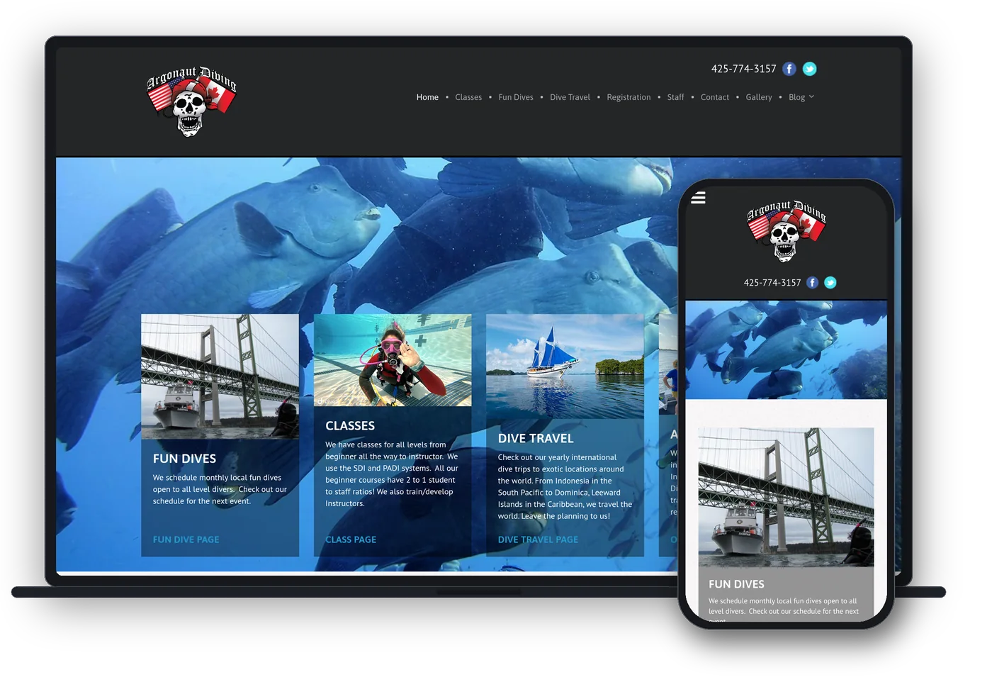 Argonaut Diving shown on a laptop and a phone