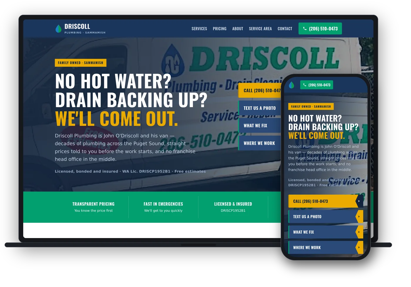 Driscoll Plumbing shown on a laptop and a phone