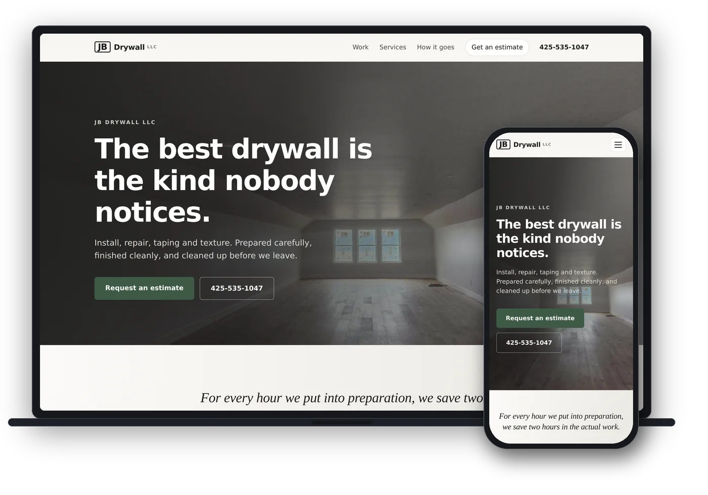 JB Drywall LLC shown on a laptop and a phone